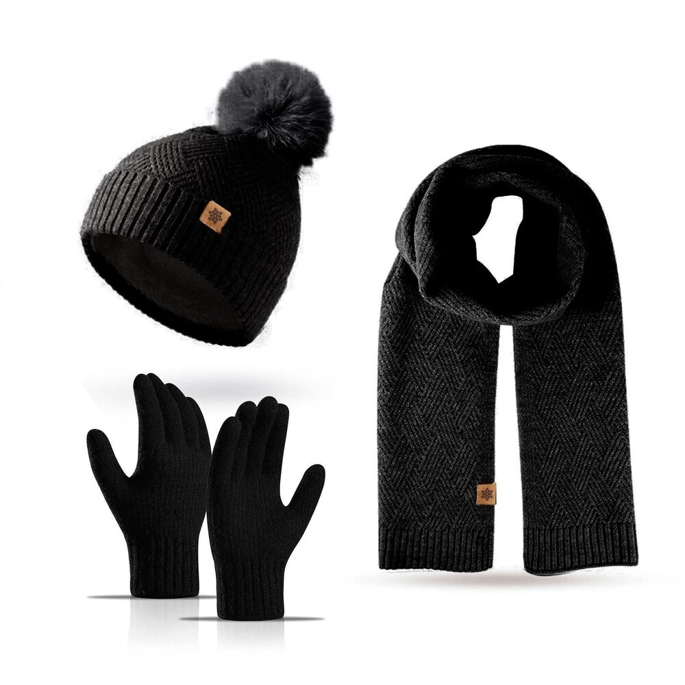 3735 Winter Beanie Hat Scarf Gloves - 3 Peices Black Warm Fleece Lined Knit